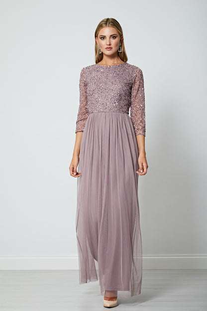 Embellished Sequin Long Sleeve Maxi Dress in Lavender - ANGELEYE