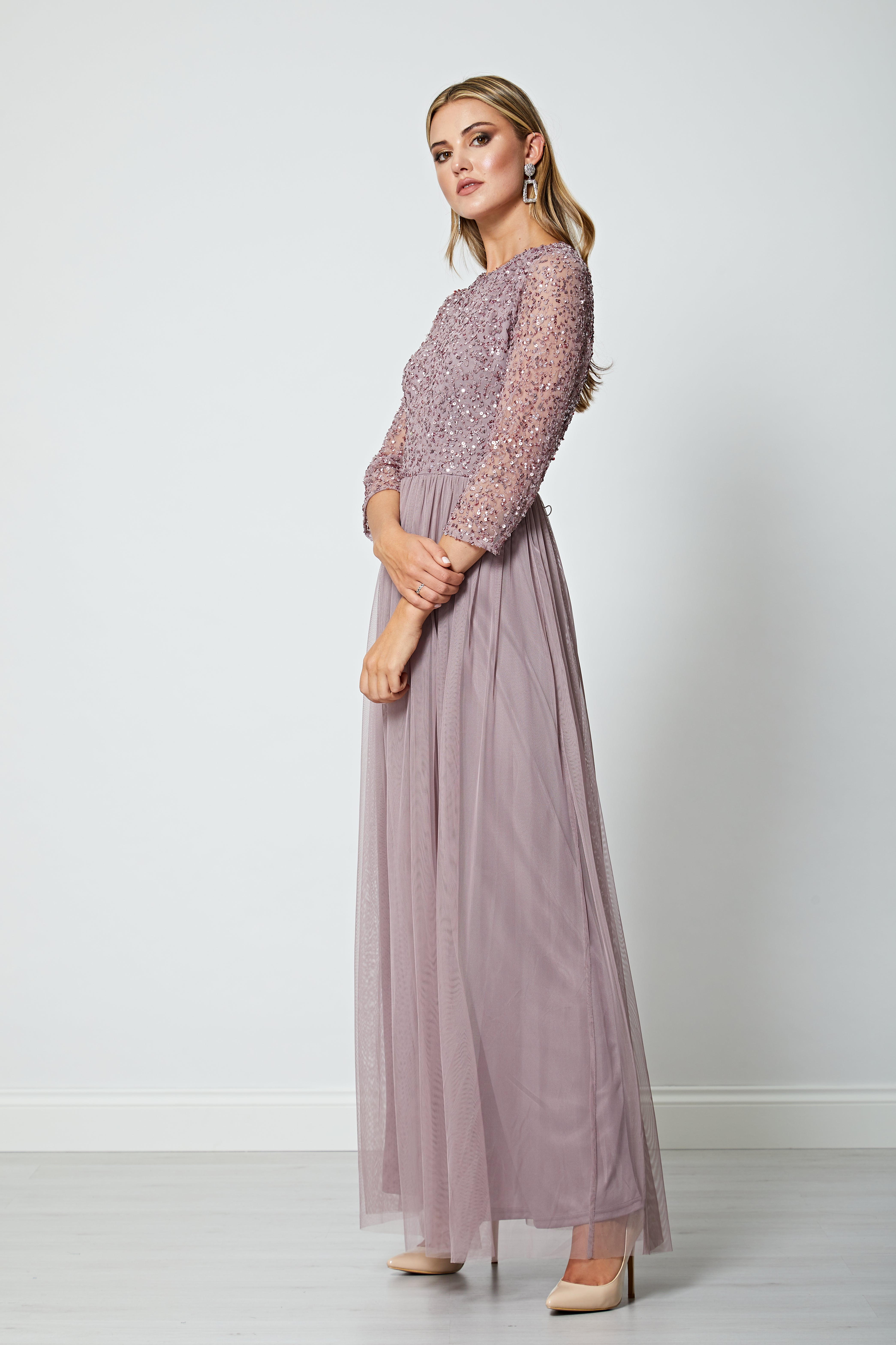 Embellished Sequin Long Sleeve Maxi Dress in Lavender | ANGELEYE Embellished Sequin Long Sleeve Maxi Dress in Lavender | ANGELEYE
