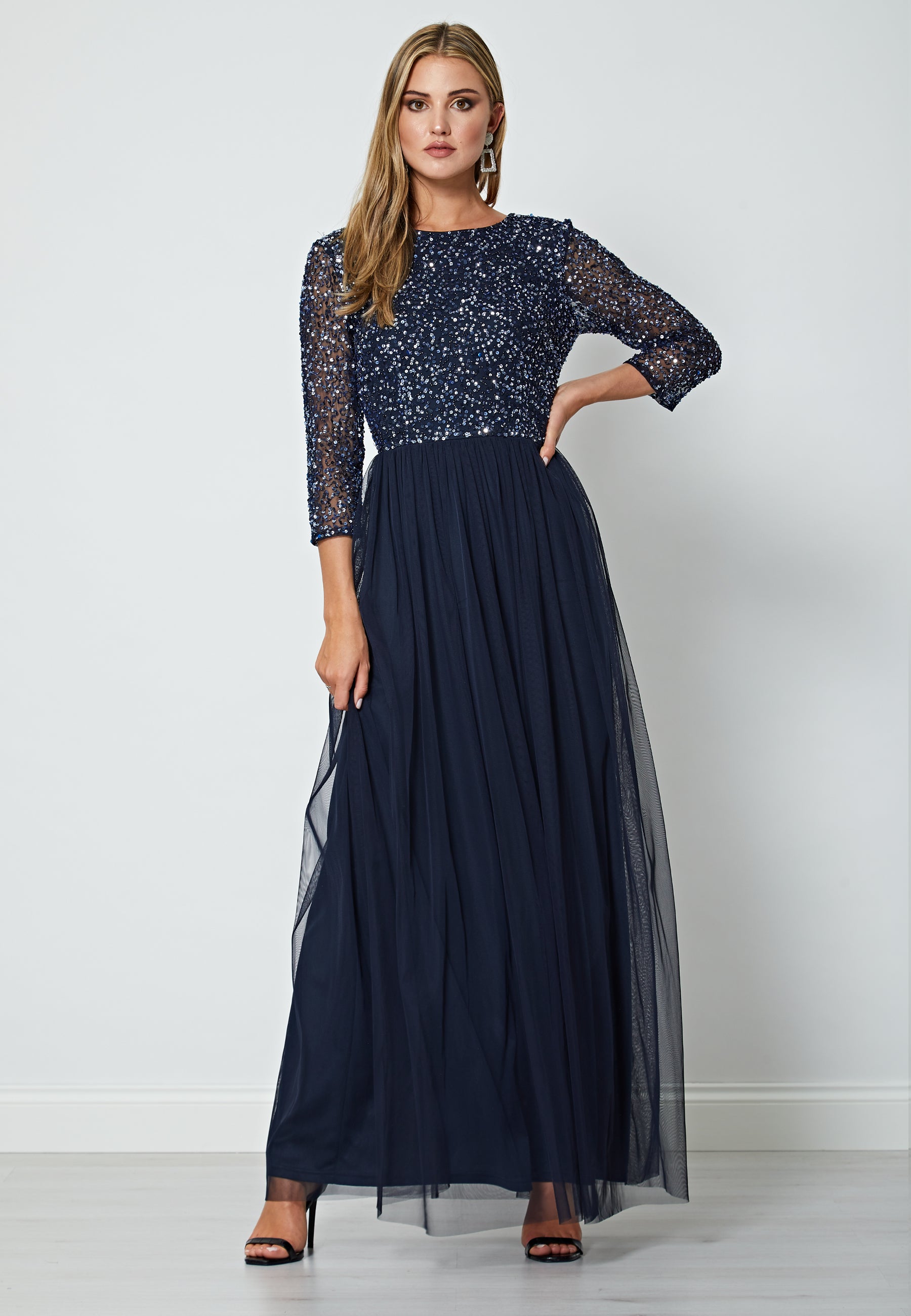 angeleye sequin dress Cami Sequin Embellished Maxi Dress in Light Grey Silver | ANGELEYE