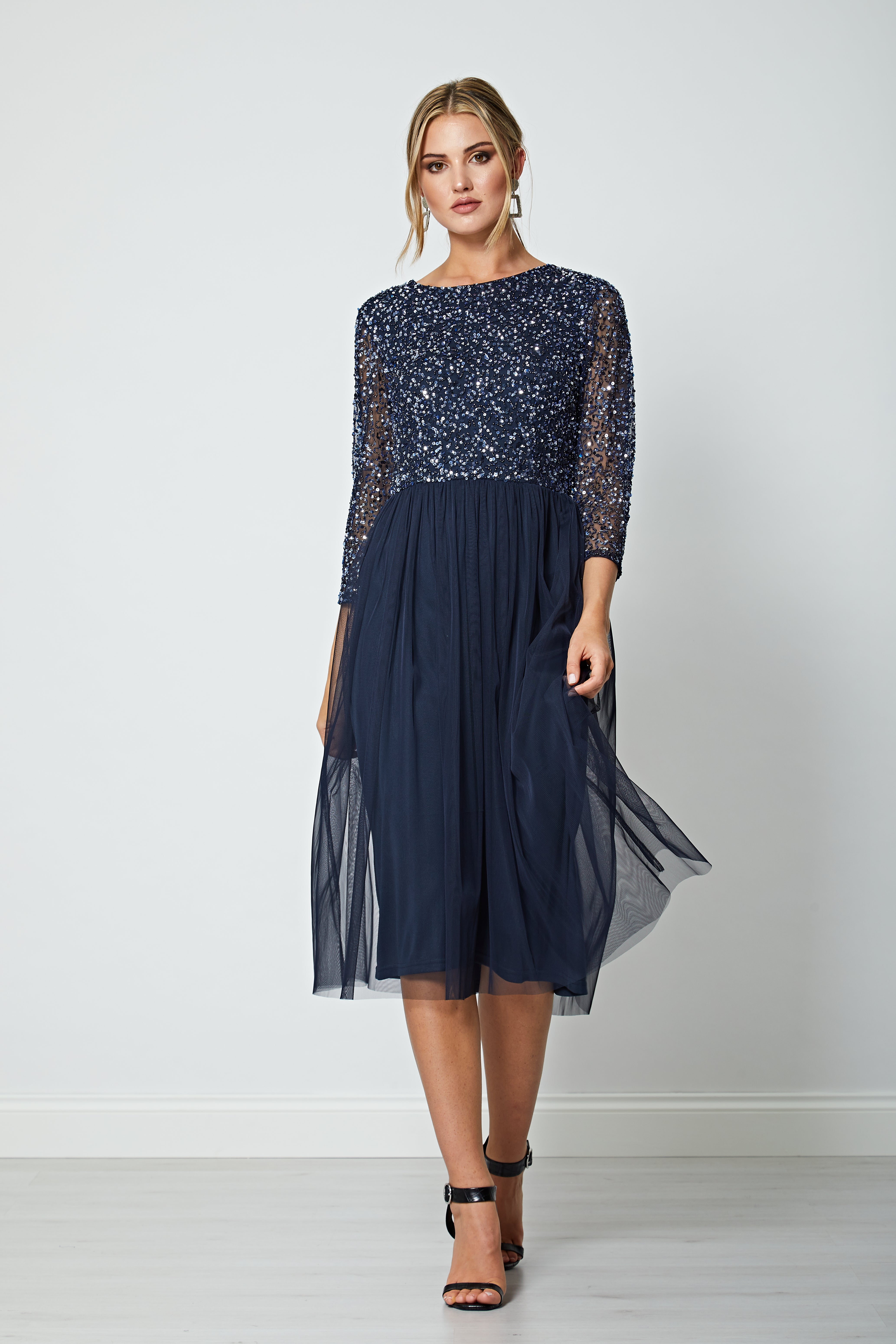 ANGELEYE Embellished Sequin Long Sleeve Midi Dress in Navy