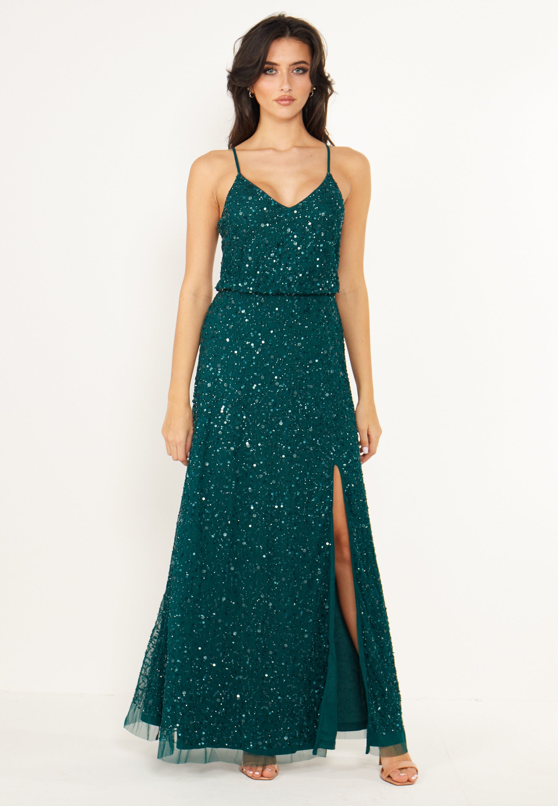 Scatter Embellished Sequin Maxi Dress in Emerald Green - ANGELEYE