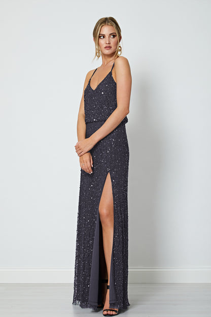 Scatter Embellished Sequin Maxi Dress in Gunmetal - ANGELEYE