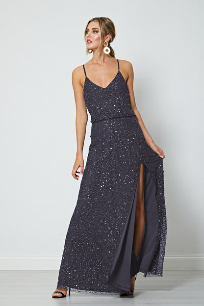 Scatter Embellished Sequin Maxi Dress in Gunmetal - ANGELEYE