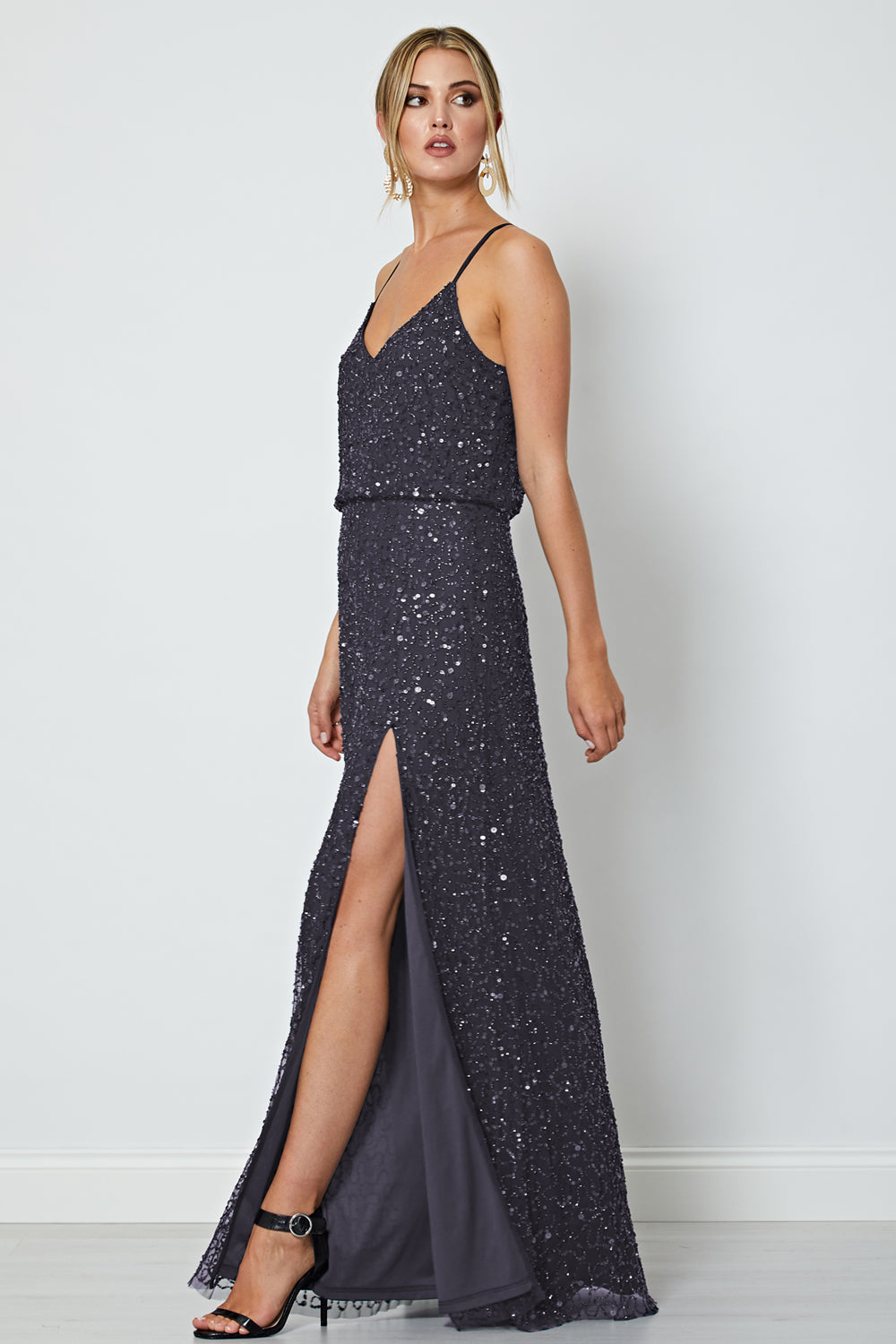 Scatter Embellished Sequin Maxi Dress in Gunmetal - ANGELEYE