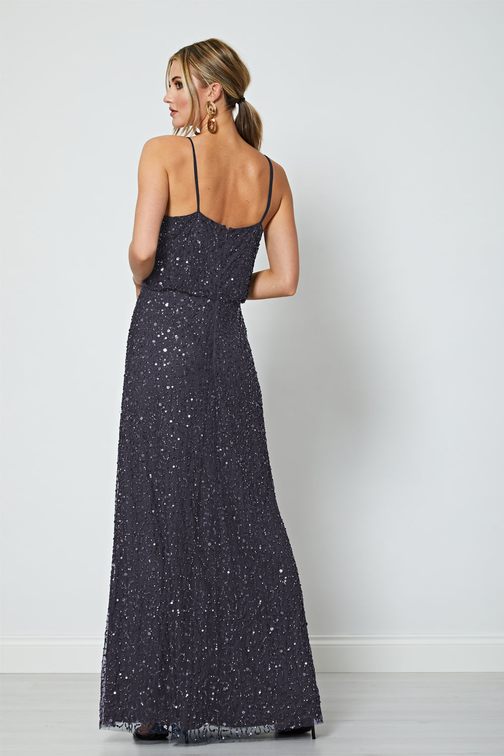 Scatter Embellished Sequin Maxi Dress in Gunmetal - ANGELEYE