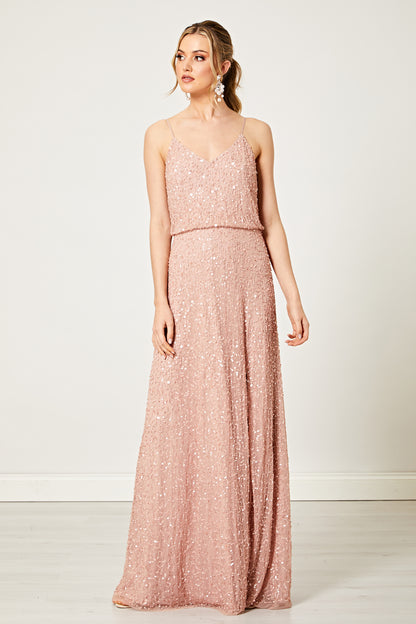 Scatter Embellished Sequin Maxi Dress in Rose Gold - ANGELEYE