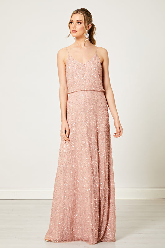 Scatter Embellished Sequin Maxi Dress in Rose Gold - ANGELEYE