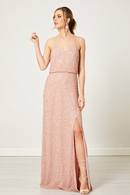 Scatter Embellished Sequin Maxi Dress in Rose Gold - ANGELEYE