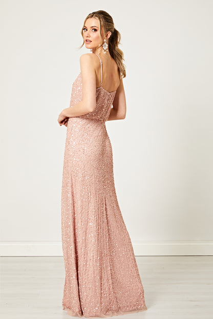 Scatter Embellished Sequin Maxi Dress in Rose Gold - ANGELEYE