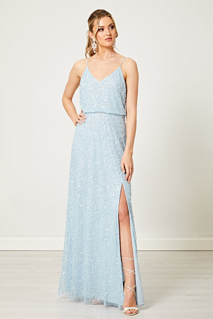 Scatter Embellished Sequin Maxi Dress in Silver Blue - ANGELEYE