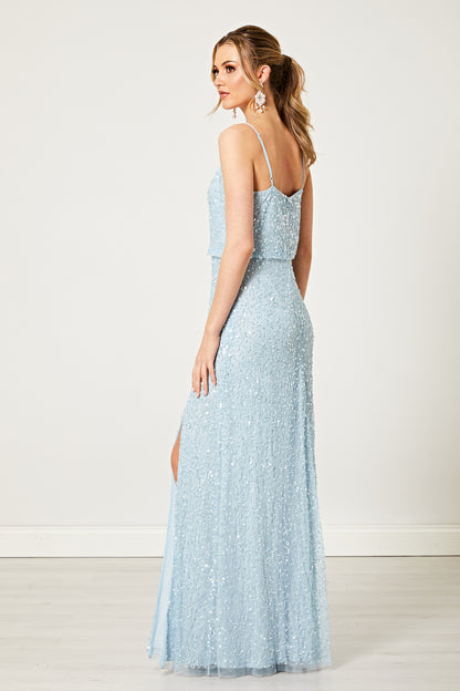 Scatter Embellished Sequin Maxi Dress in Silver Blue - ANGELEYE