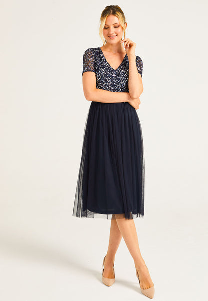 Embellished Sequin Baby Doll Midi Dress in Navy - ANGELEYE