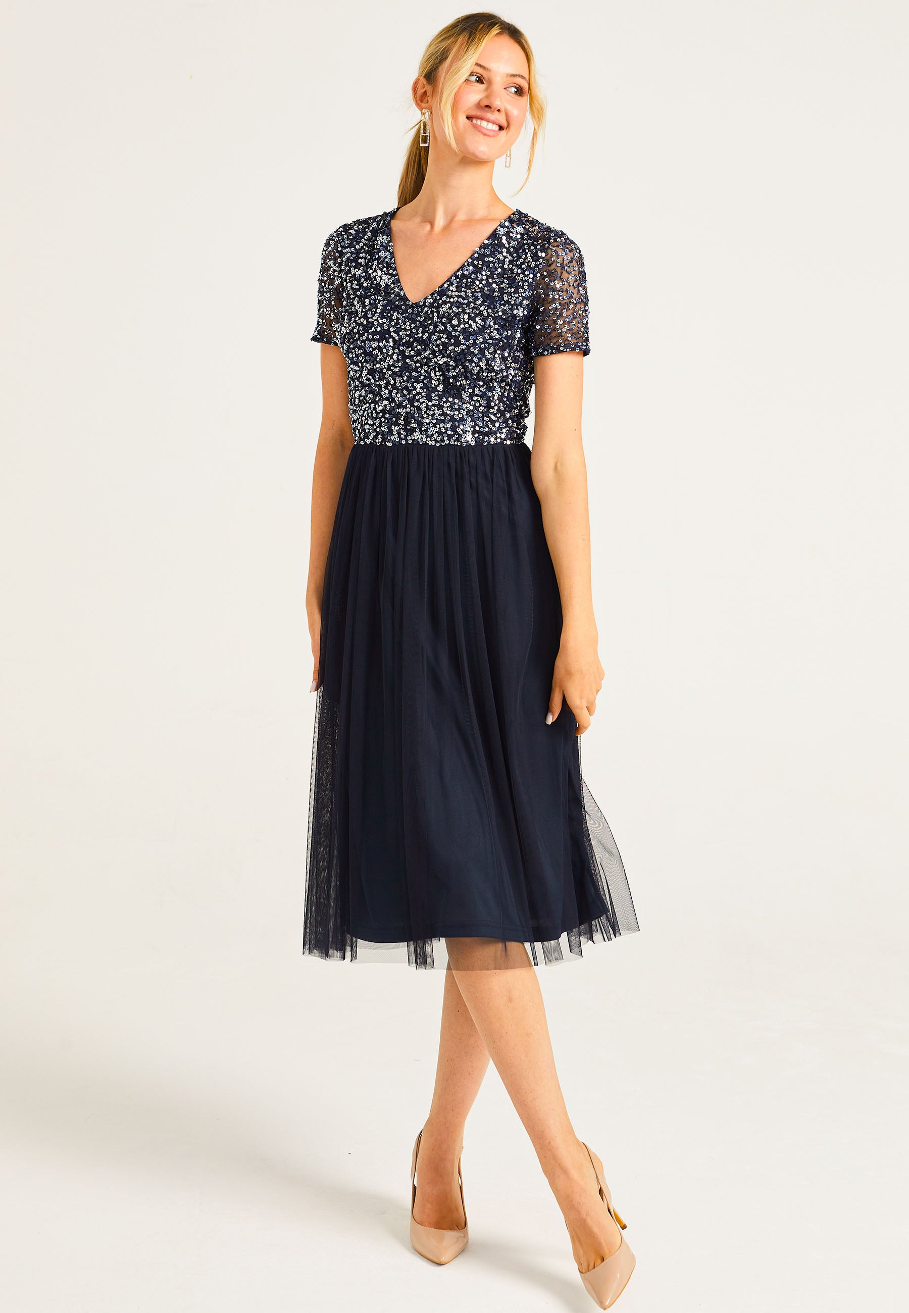 Embellished Sequin Baby Doll Midi Dress in Navy - ANGELEYE