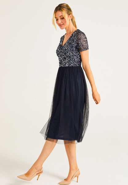 Embellished Sequin Baby Doll Midi Dress in Navy - ANGELEYE