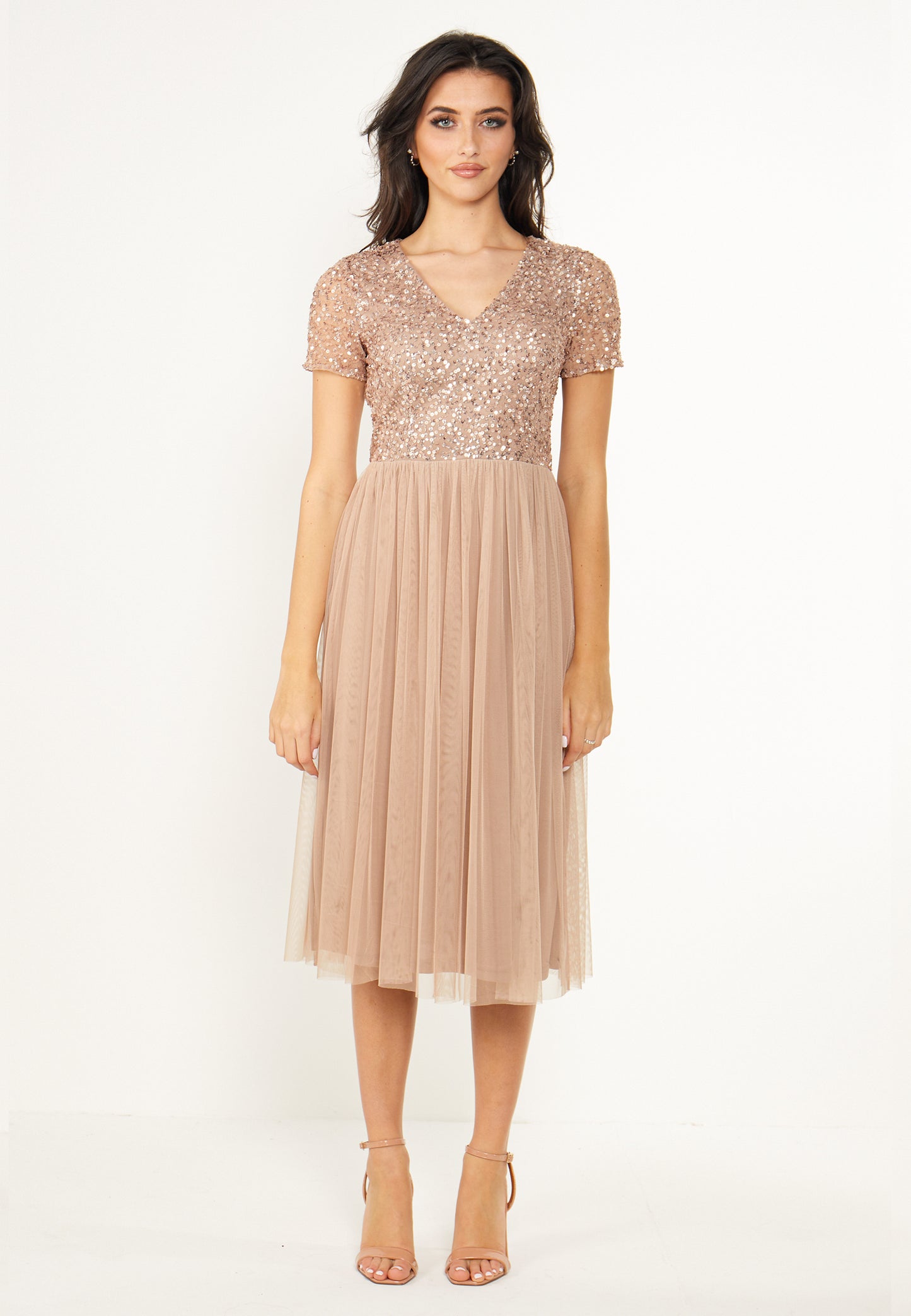 Embellished Sequin Baby Doll Midi Dress in Taupe - ANGELEYE