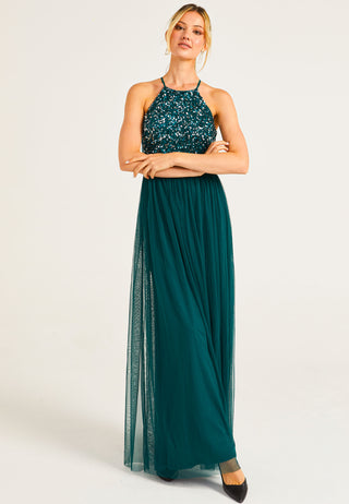 Embellished Halter Neck Maxi Dress in Emerald Green - ANGELEYE