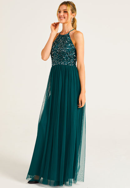 Embellished Halter Neck Maxi Dress in Emerald Green - ANGELEYE