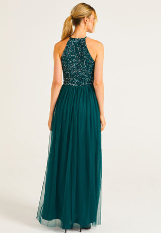 Embellished Halter Neck Maxi Dress in Emerald Green - ANGELEYE