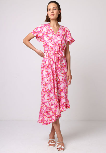 Faux Wrap Ruffled Bias Hem Midi Dress In Pink Floral Print - ANGELEYE