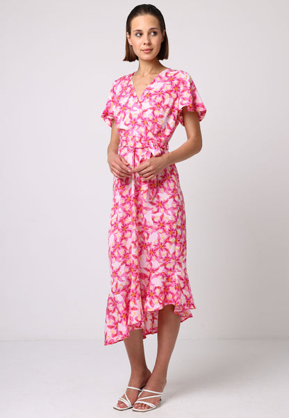 Faux Wrap Ruffled Bias Hem Midi Dress In Pink Floral Print - ANGELEYE