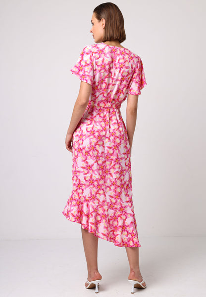 Faux Wrap Ruffled Bias Hem Midi Dress In Pink Floral Print - ANGELEYE