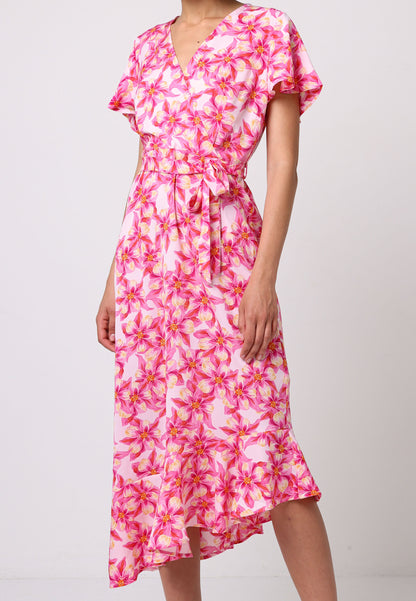 Faux Wrap Ruffled Bias Hem Midi Dress In Pink Floral Print - ANGELEYE