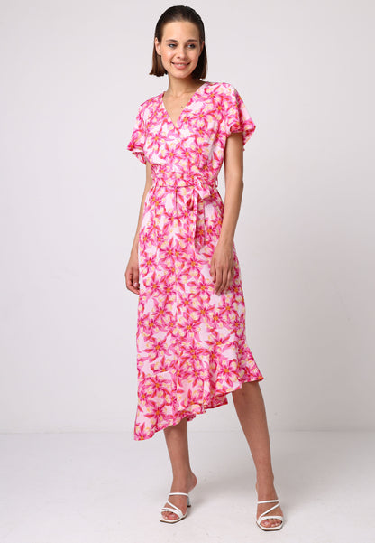 Faux Wrap Ruffled Bias Hem Midi Dress In Pink Floral Print - ANGELEYE