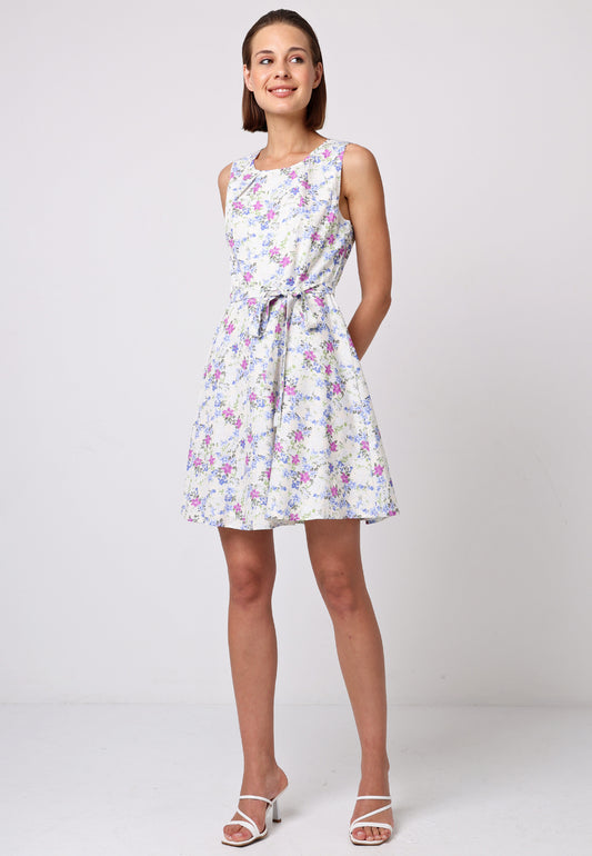 Skater Mini Dress with Tie Belt in White Floral