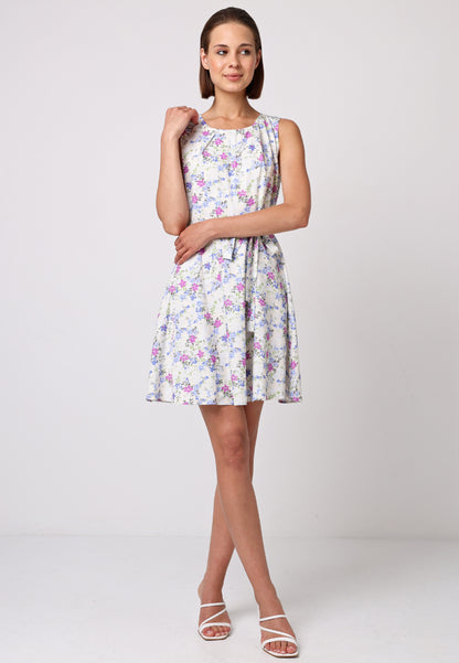 Skater Mini Dress with Tie Belt in White Floral