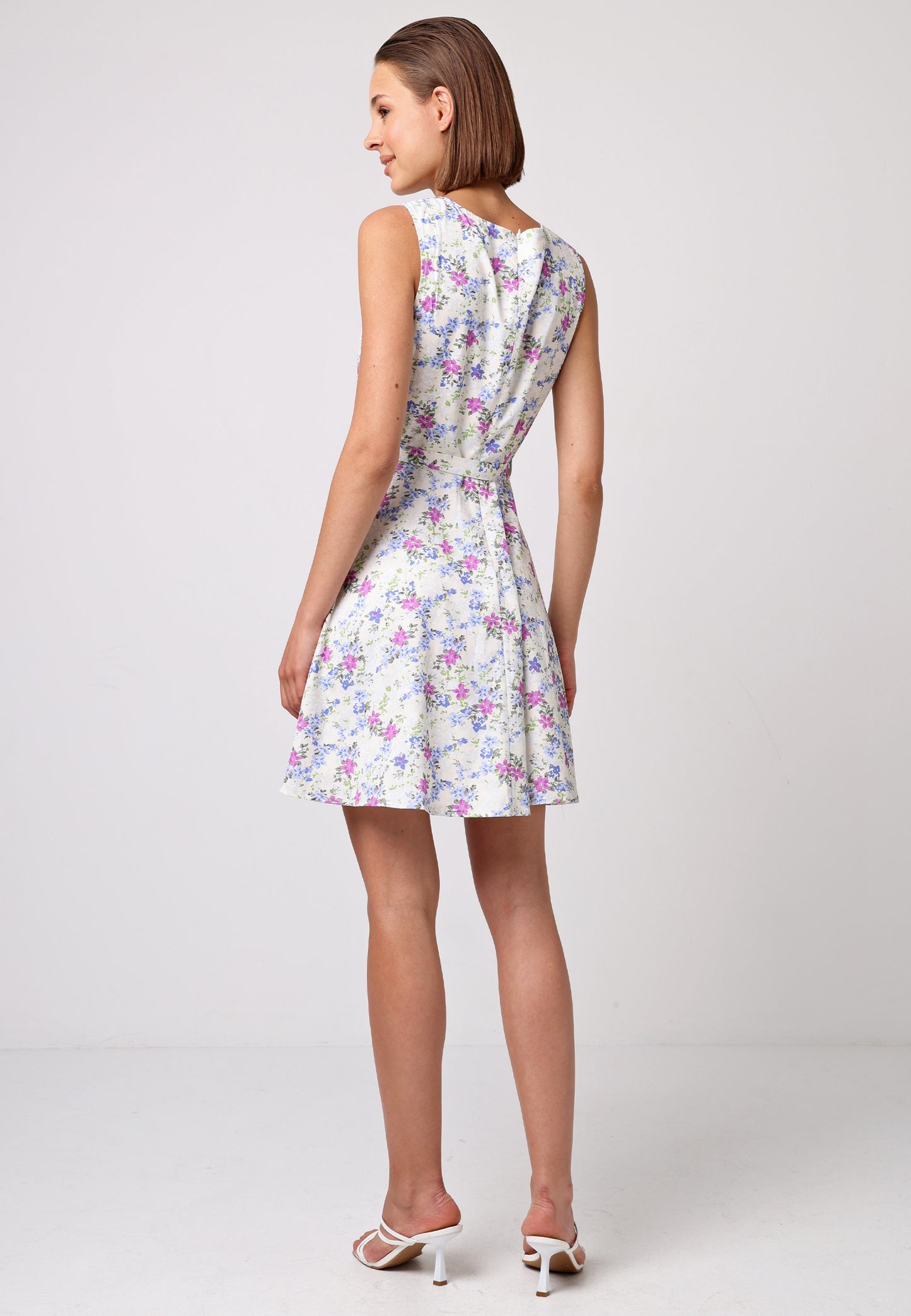 Skater Mini Dress with Tie Belt in White Floral