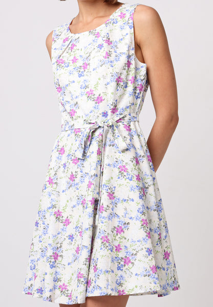 Skater Mini Dress with Tie Belt in White Floral