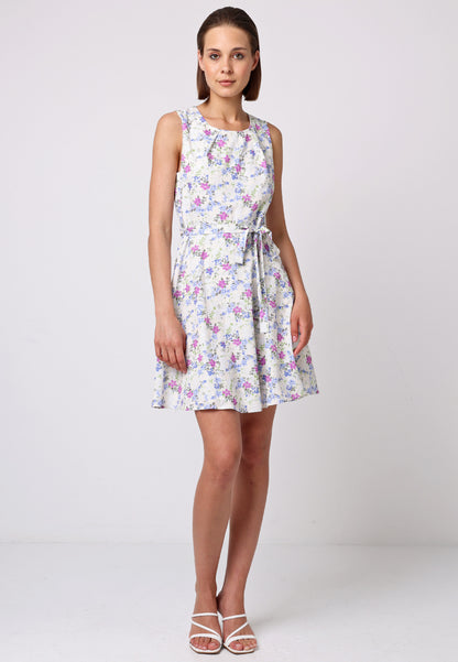 Skater Mini Dress with Tie Belt in White Floral