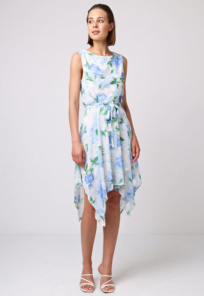 Asymmetrical Hem Tie Belt Mini Dress in White Blue Floral