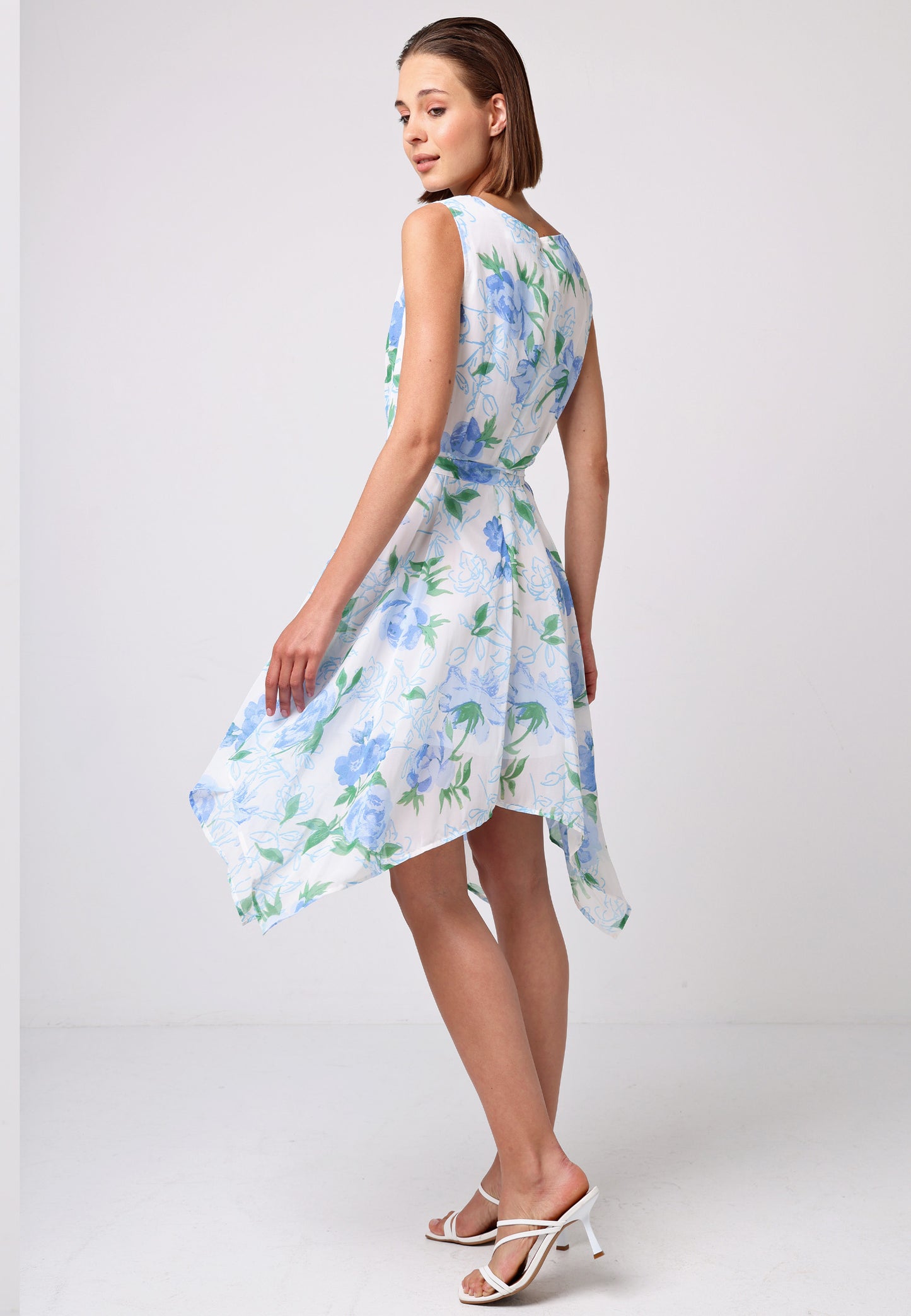 Asymmetrical Hem Tie Belt Mini Dress in White Blue Floral