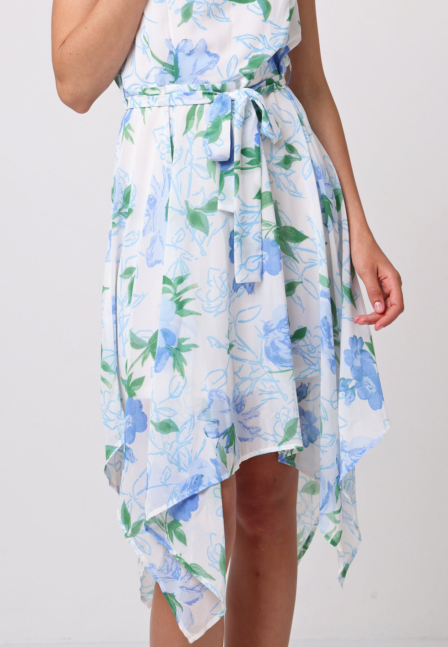 Asymmetrical Hem Tie Belt Mini Dress in White Blue Floral