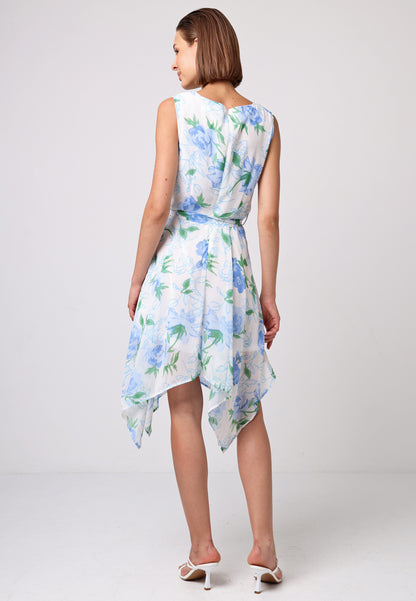 Asymmetrical Hem Tie Belt Mini Dress in White Blue Floral