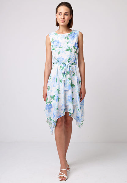 Asymmetrical Hem Tie Belt Mini Dress in White Blue Floral