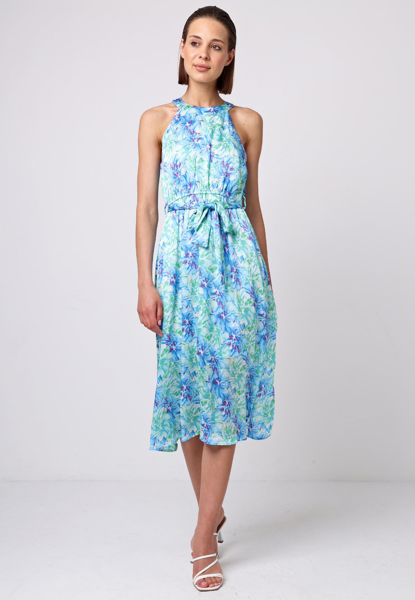 Halter Neck Midi Dress with Tie Waist in Blue Green Floral