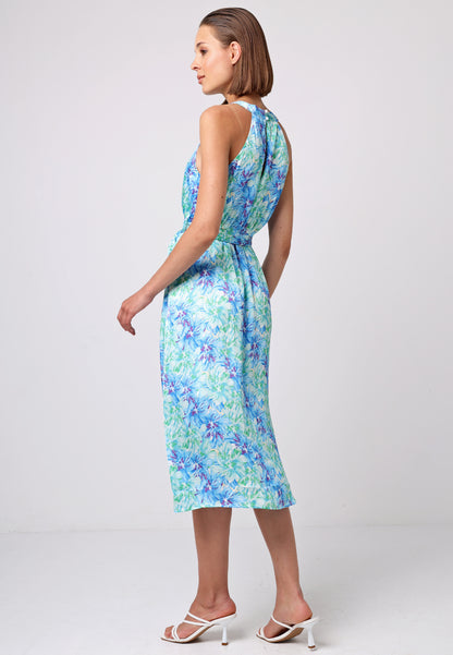 Halter Neck Midi Dress with Tie Waist in Blue Green Floral