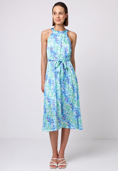 Halter Neck Midi Dress with Tie Waist in Blue Green Floral