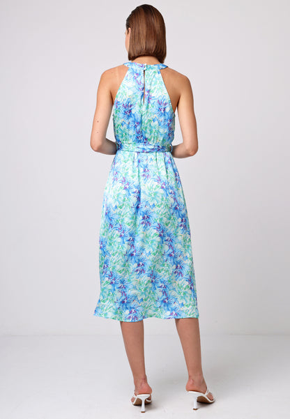 Halter Neck Midi Dress with Tie Waist in Blue Green Floral