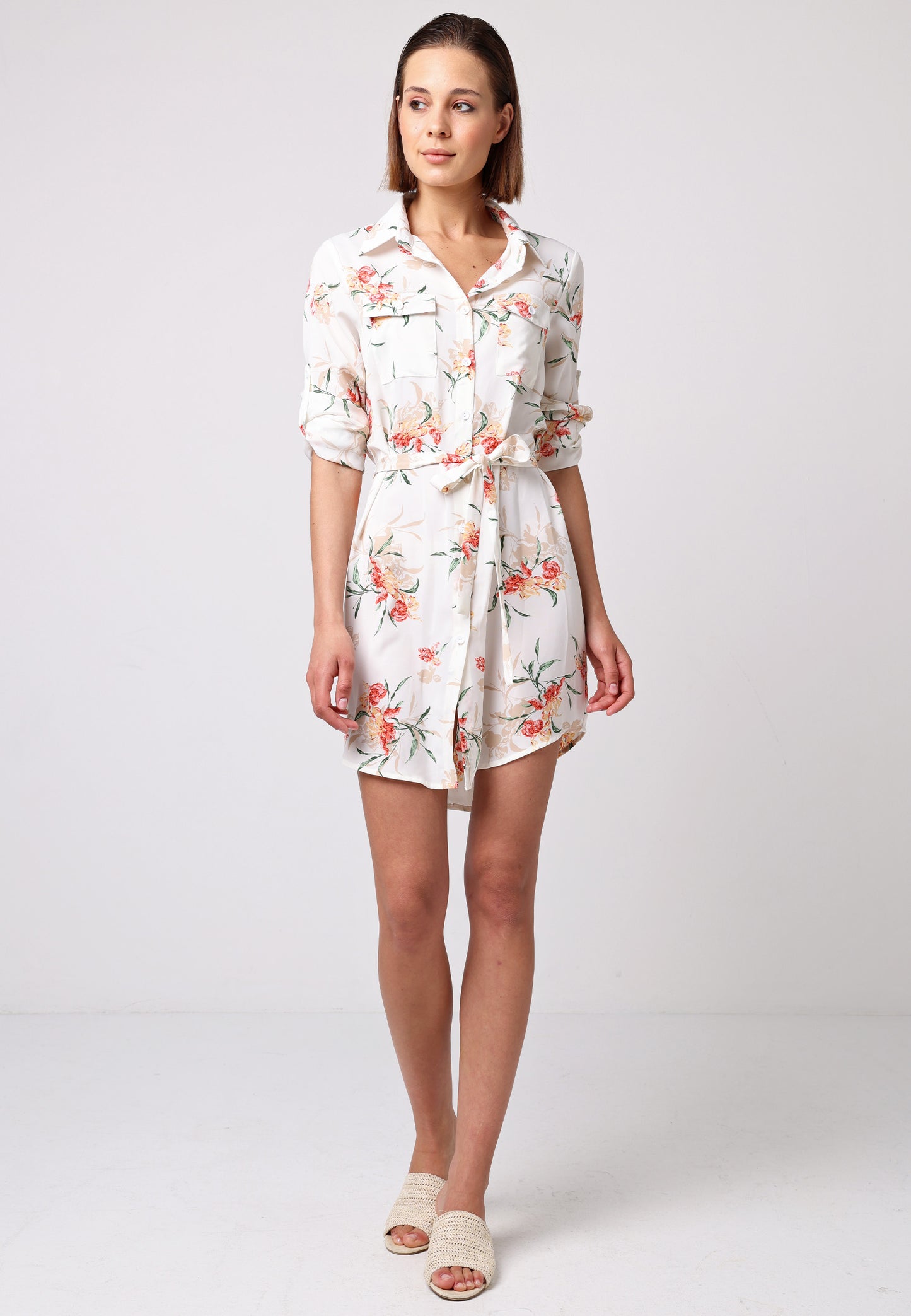 Shirt Dress with 3/4 Sleeve and Tie Belt in White Floral