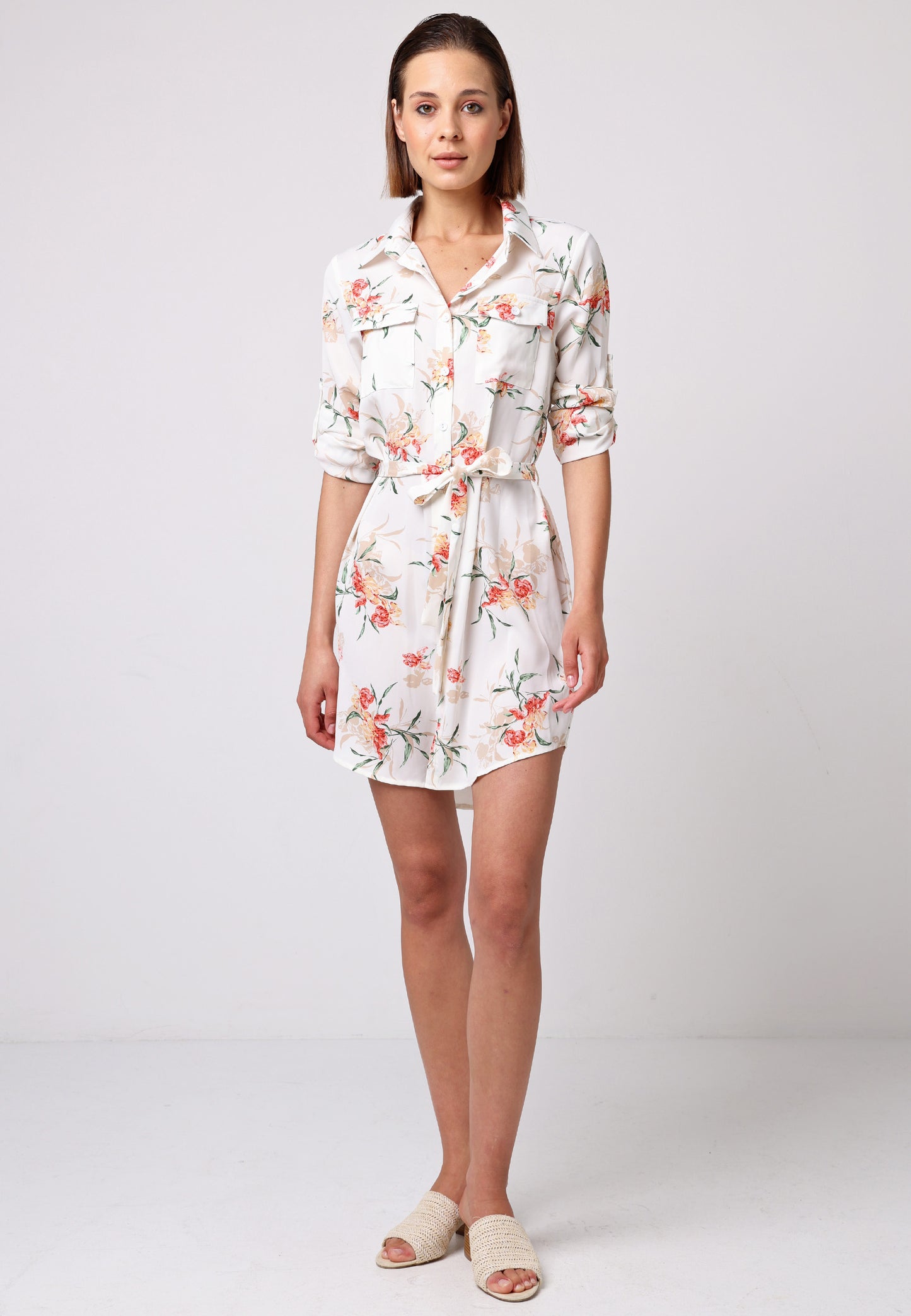 Shirt Dress with 3/4 Sleeve and Tie Belt in White Floral