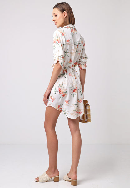 Shirt Dress with 3/4 Sleeve and Tie Belt in White Floral