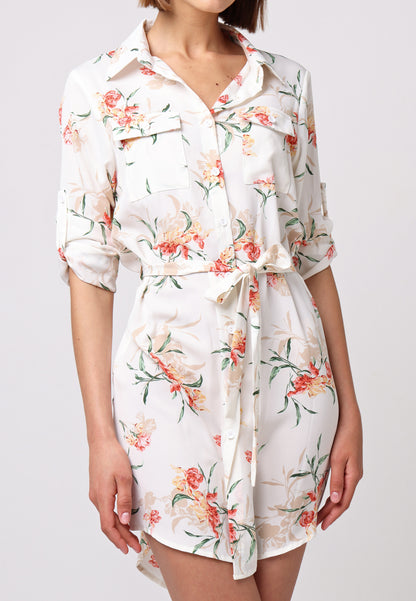 Shirt Dress with 3/4 Sleeve and Tie Belt in White Floral