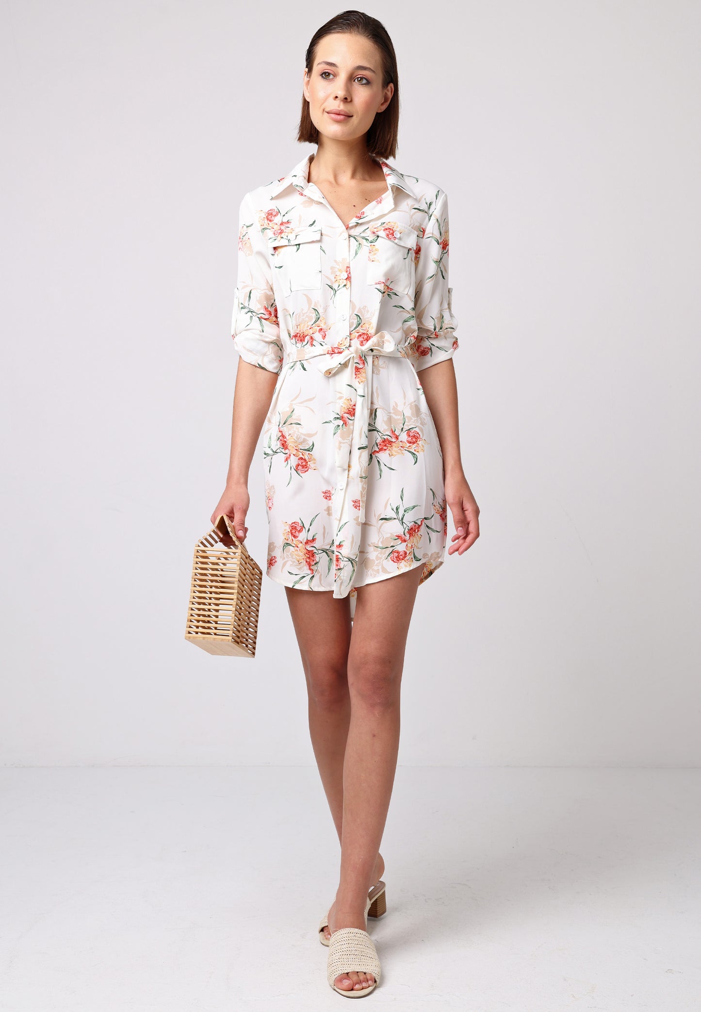 Shirt Dress with 3/4 Sleeve and Tie Belt in White Floral