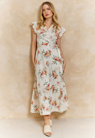 Wrap Cap Sleeve Maxi Dress in White Floral