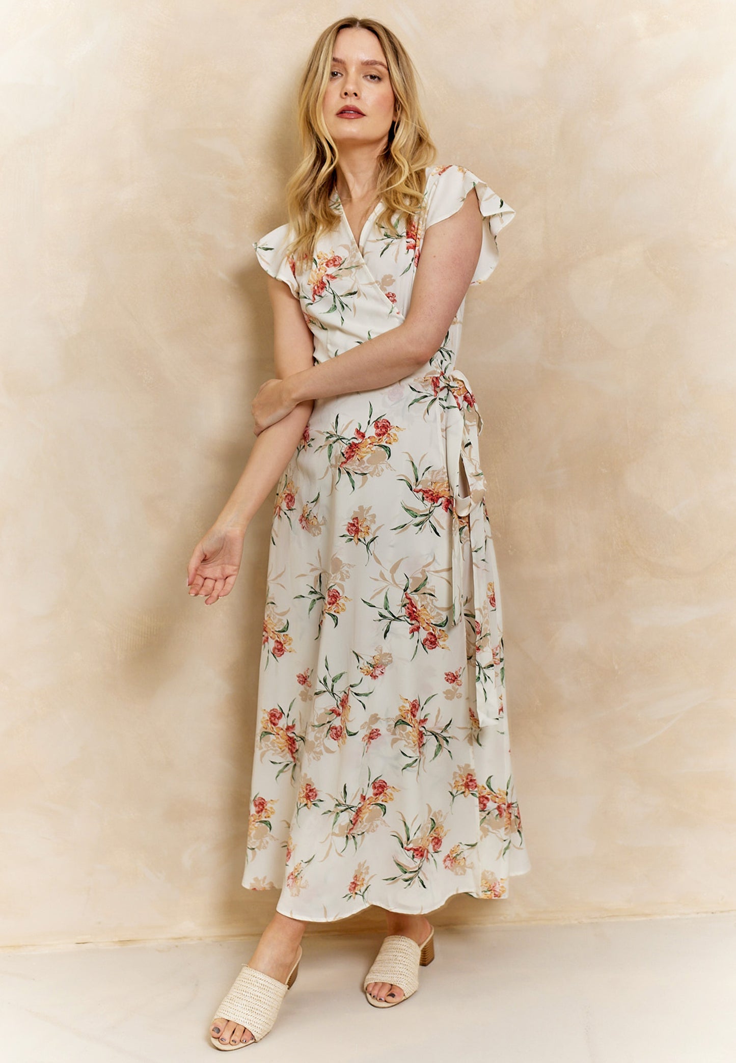 Wrap Maxi Dress with Cap Sleeve in White Floral