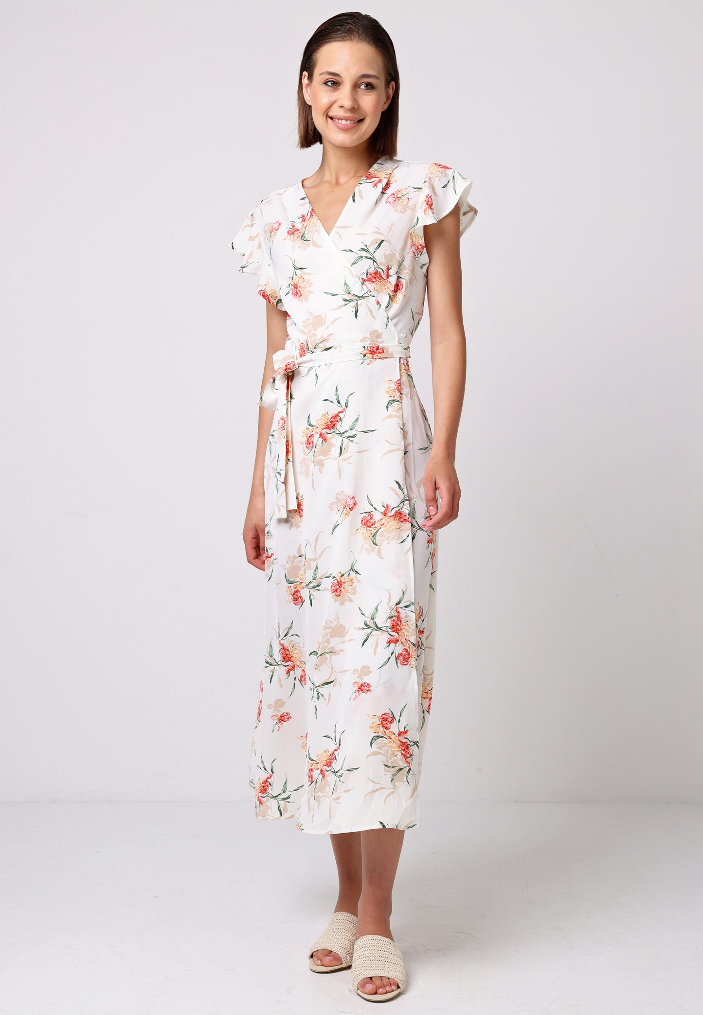 Wrap Maxi Dress with Cap Sleeve in White Floral