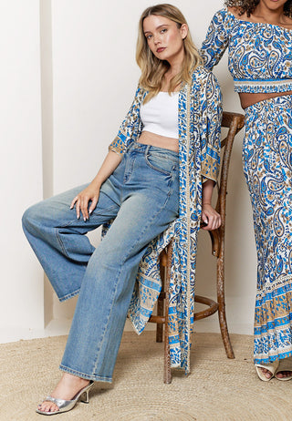 Maxi Long Sleeve Kimono in Blue Boho Print